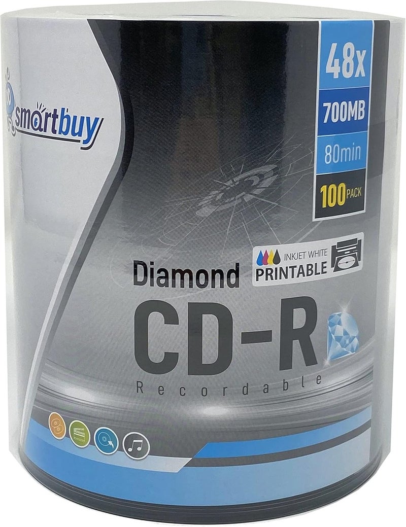 Smartbuy 100 حزمة أقراص CD-R ماسية 48X سعة 700 ميجابايت/80 دقيقة قابلة للطباعة بالحبر الأبيض مع قاع ماسي فضي فارغ لتسجيل البيانات - Image 1